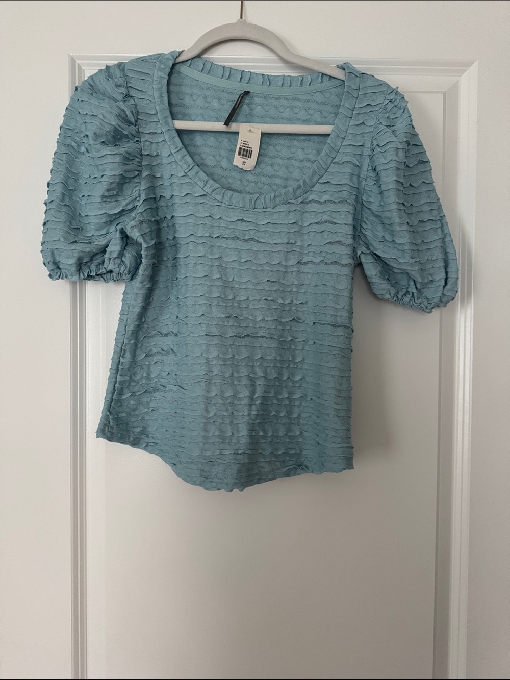 Anthropologie Soft Blue Ruffle-Texture Puff Sleeve Top